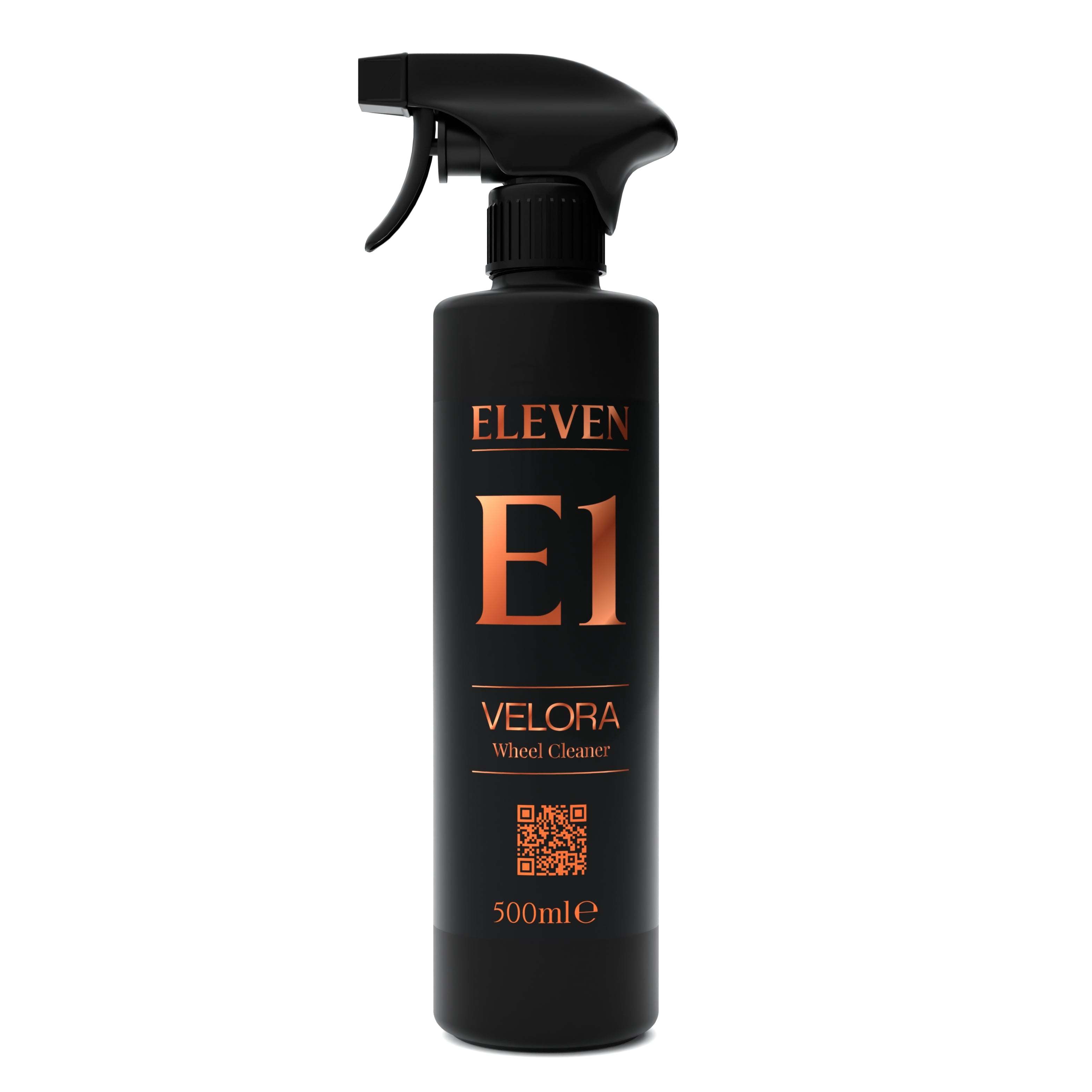 Black spray bottle labeled 'ELEVEN E1 Velora Wheel Cleaner' on a white background