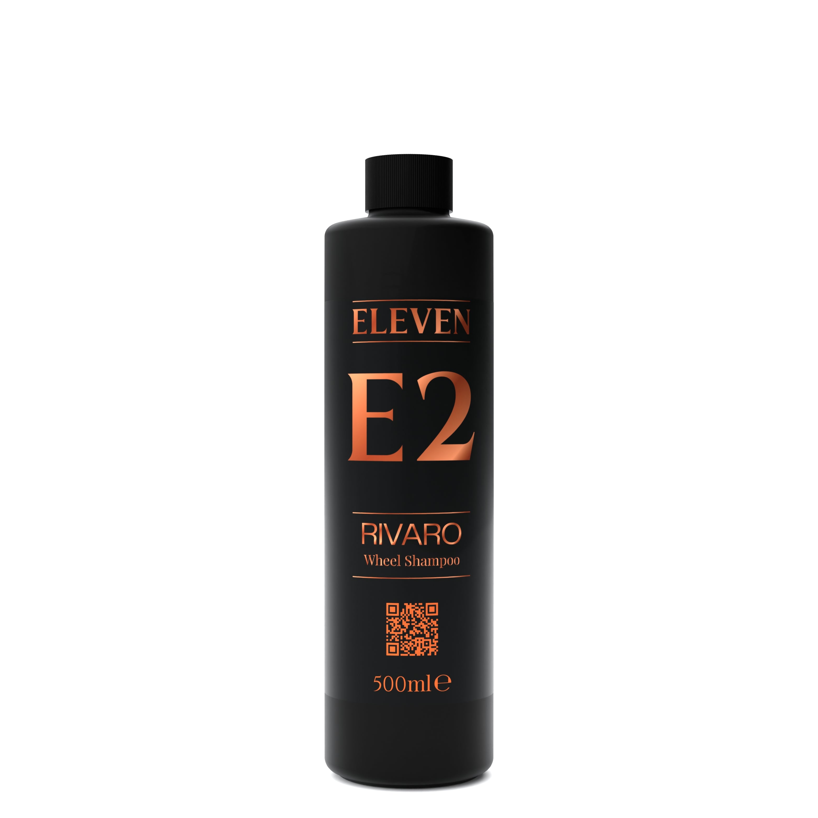 Black shampoo bottle labeled 'ELEVEN E2 Rivaro' on a white background