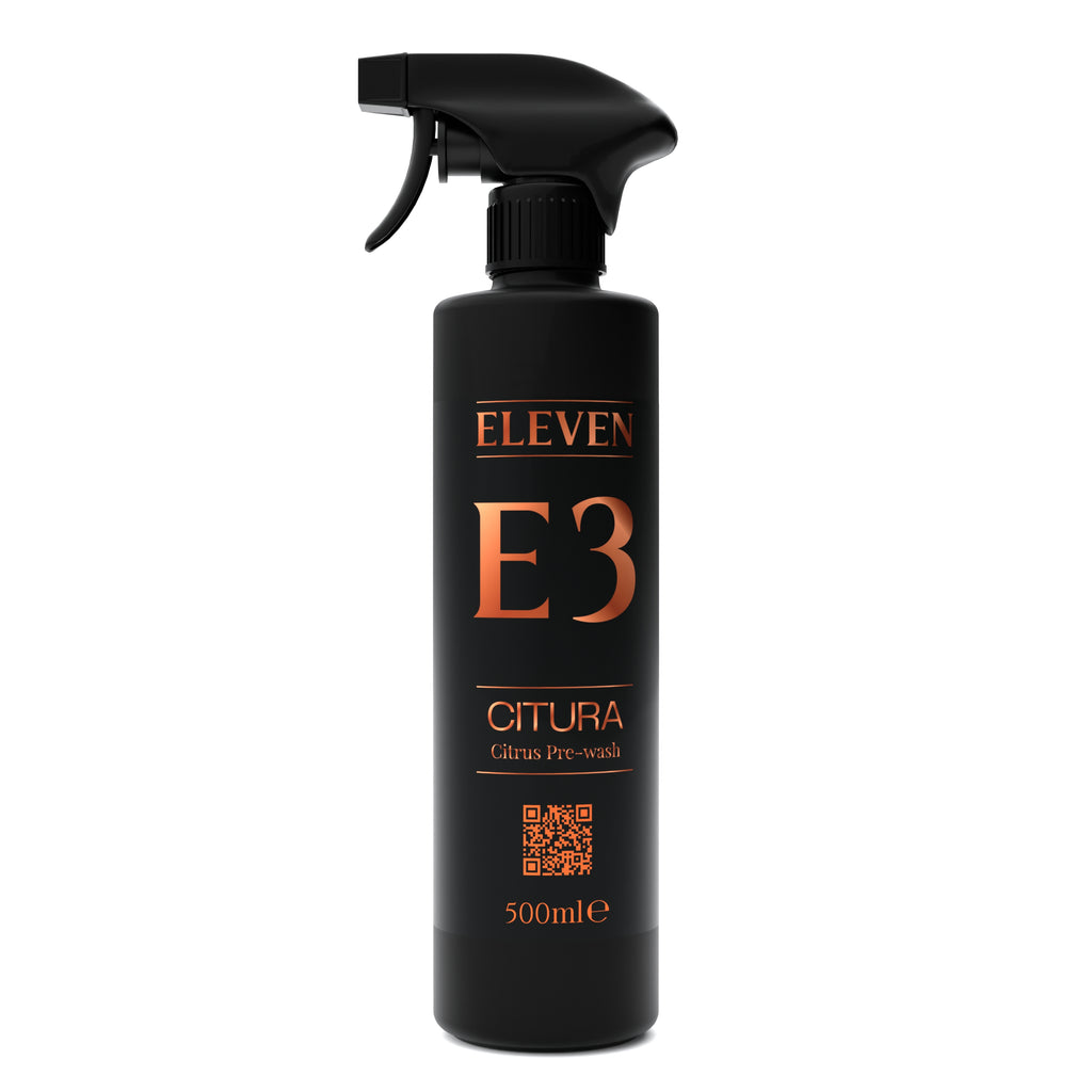 Black spray bottle labeled 'Eleven E3 Citura' on a white background