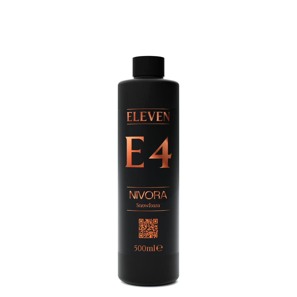 Black bottle of Nivora Eleven E4 on a white background
