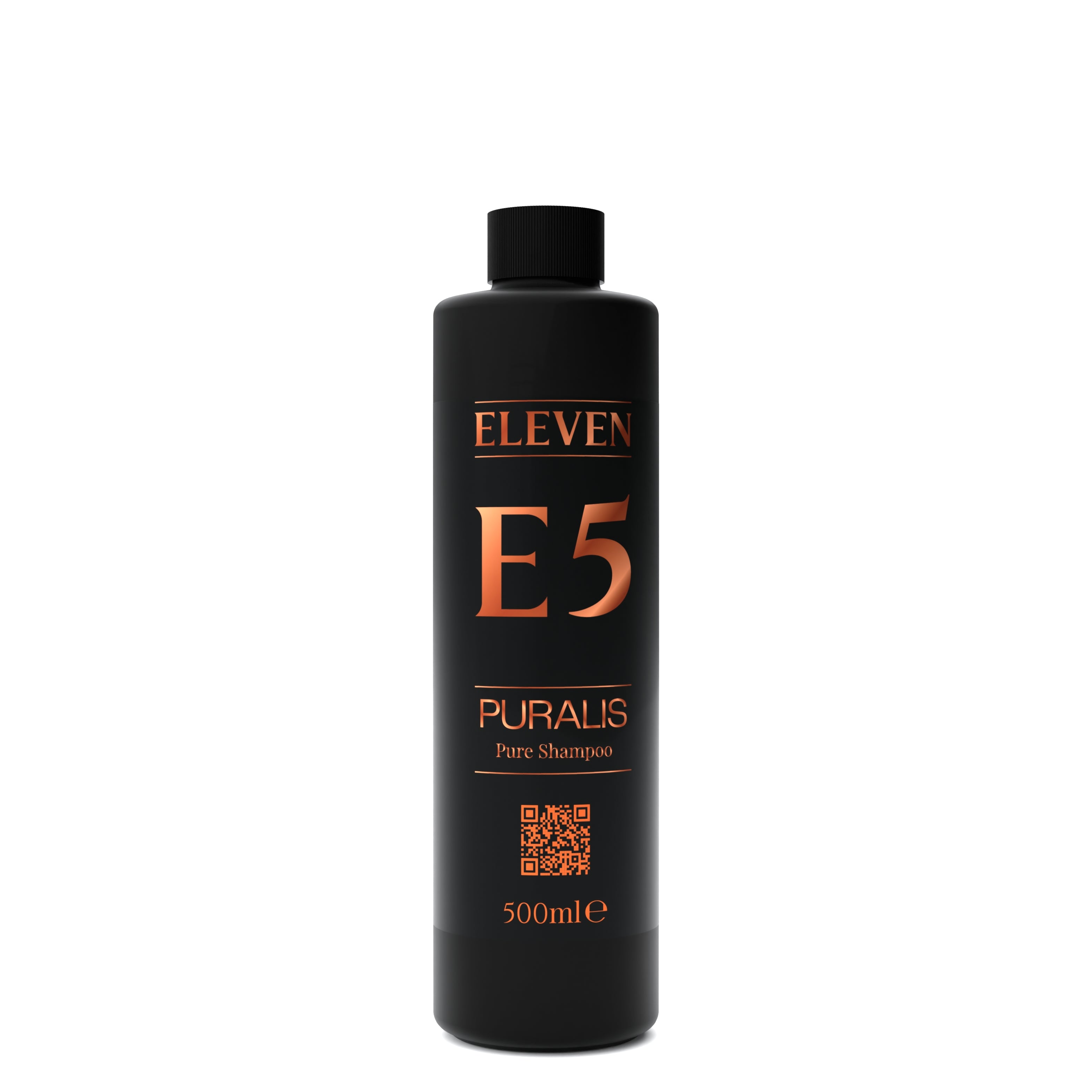 Black shampoo bottle labeled 'ELEVEN E5 PURALIS' on a white background