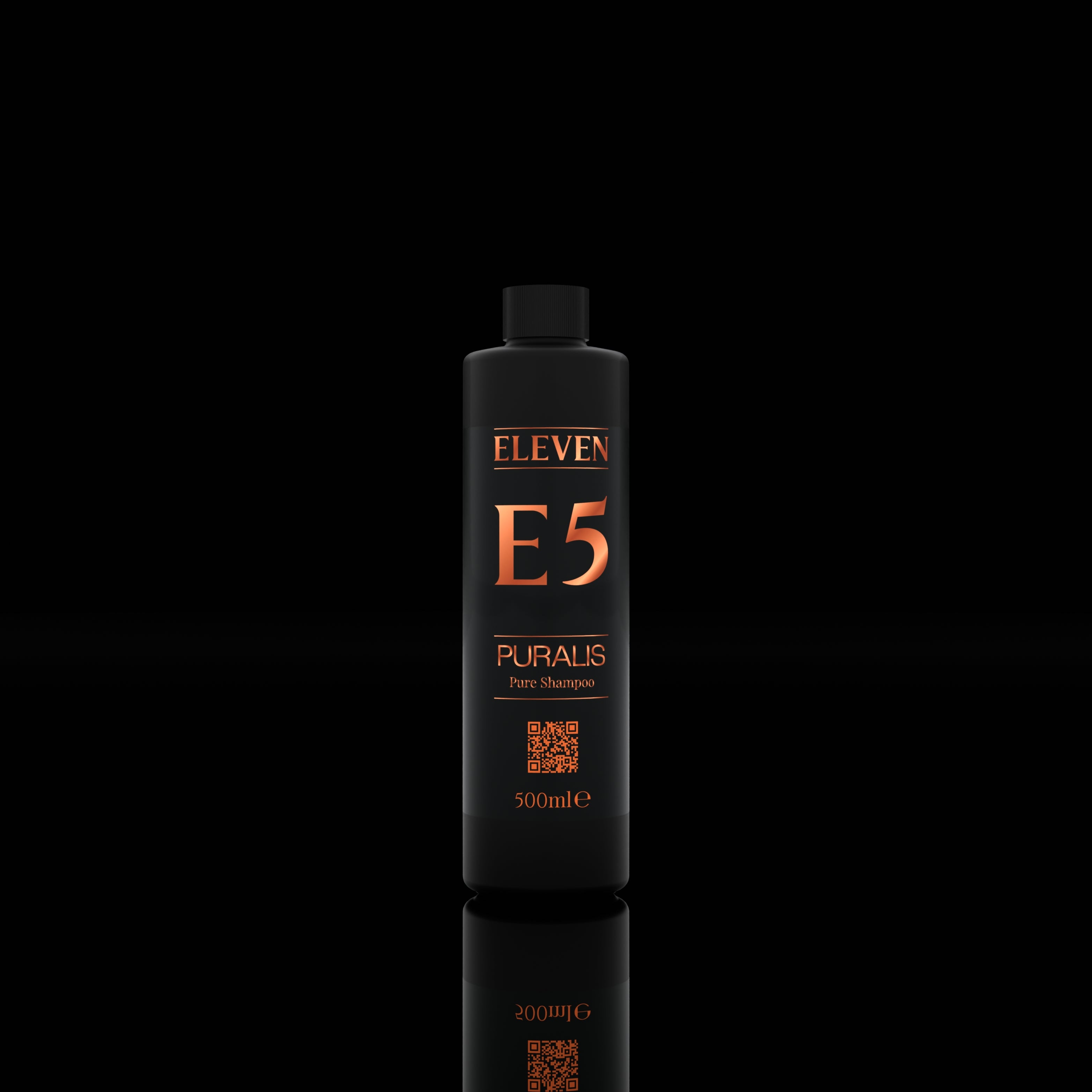 Shampoo bottle labeled 'ELEVEN E5' on a black background
