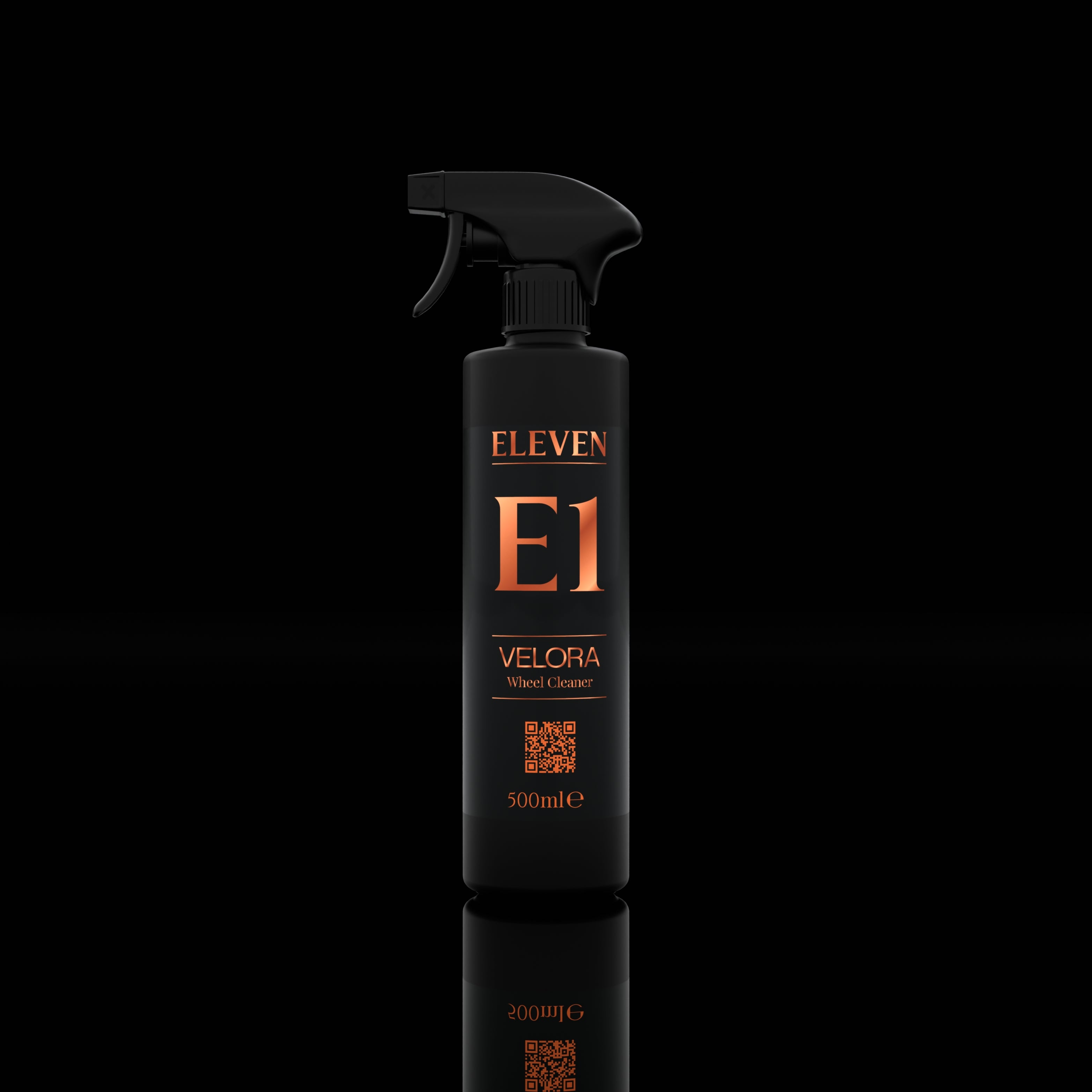 Black spray bottle labeled 'ELEVEN E1 Velora' on a black background